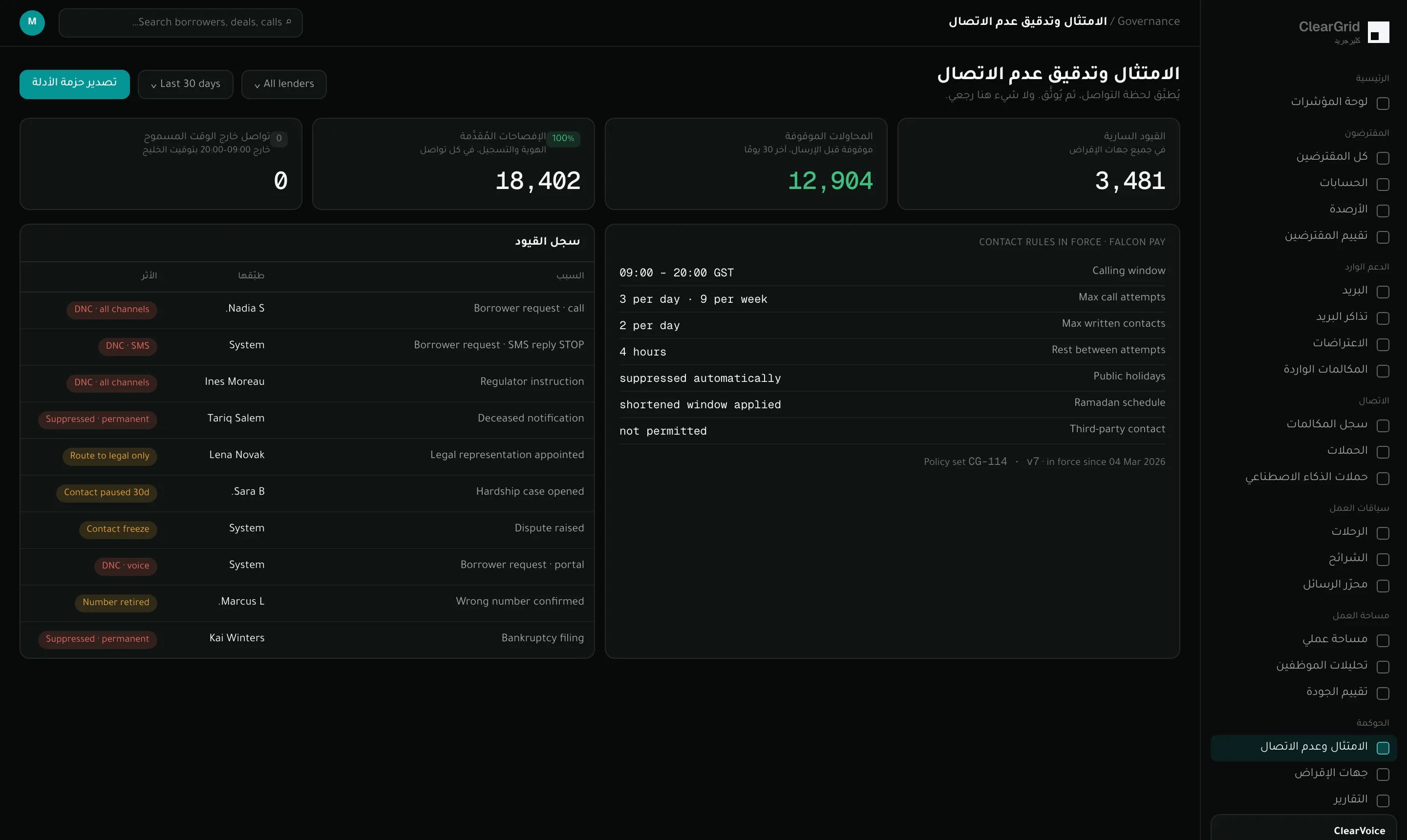 الامتثال وتدقيق عدم الاتصال: قيود التواصل السارية، والمحاولات الموقوفة قبل الإرسال، وقواعد الاتصال المطبَّقة، وسجل القيود